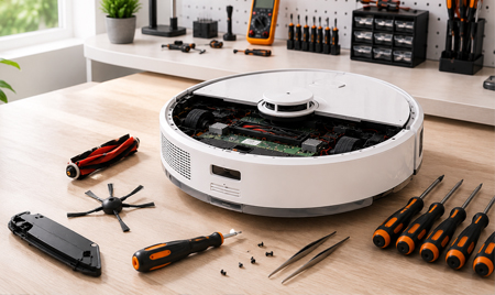 Robot süpürge tamiri yapılan teknik masa