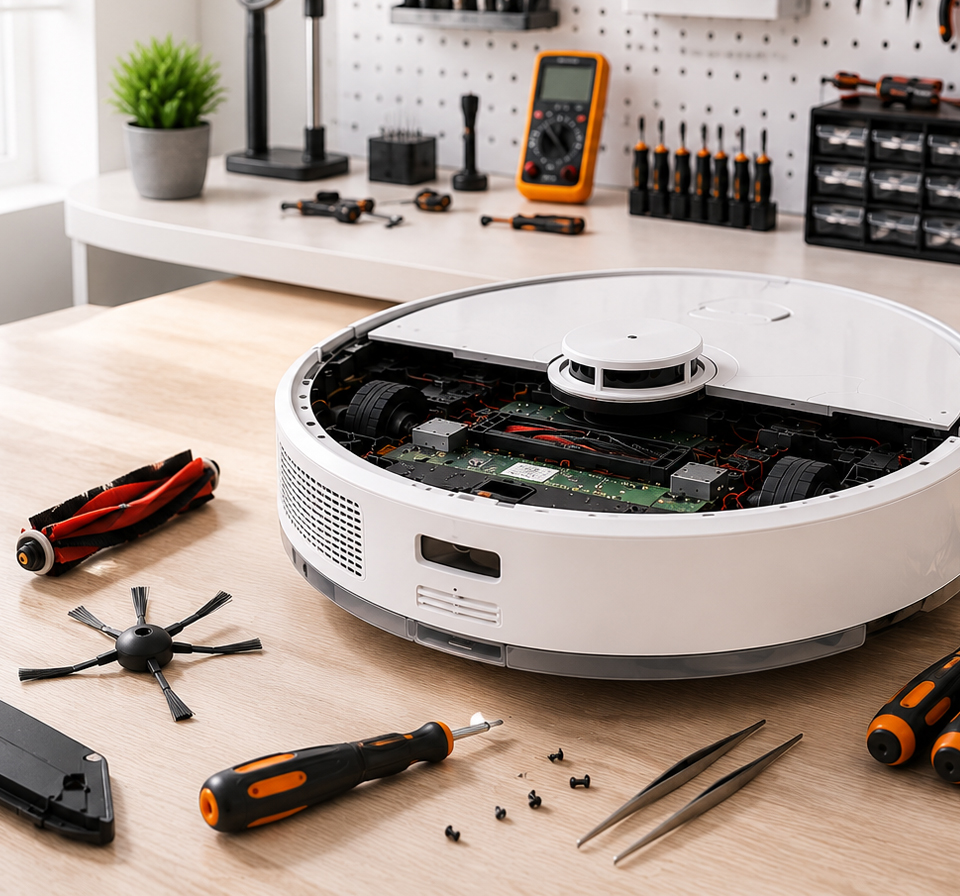 Açılmış robot süpürge, teknik servis masası, tornavida ve ölçüm cihazları